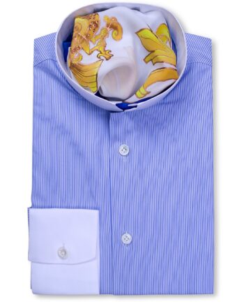 Stand Collar Blue White Striped Tailored Fit Shirt
