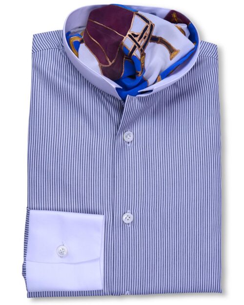 Stand Collar Grey white Striped Tailored fit Shirt