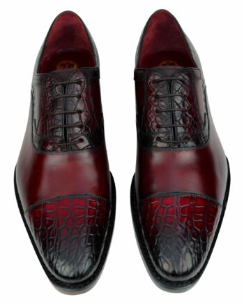 Crocodile and Calf Leather Cap-Toe Burgundy Shoes