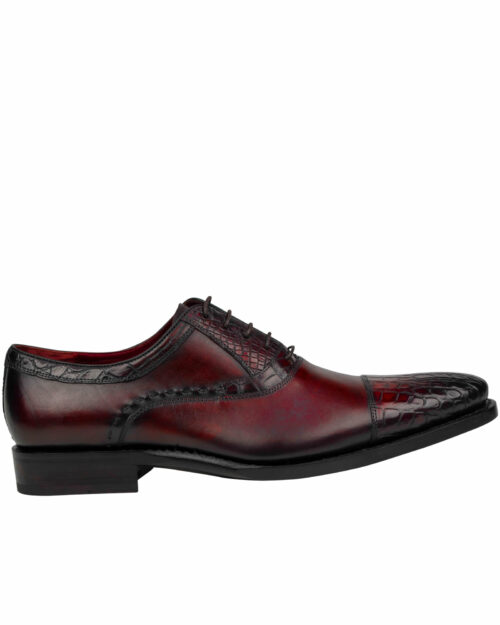 Crocodile and Calf Leather Cap-Toe Burgundy Shoes