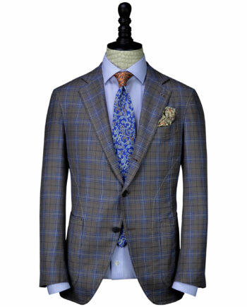 Handcrafted Grey, Brown- Blue Plaid Exclusive 14 micron fabrics Neapolitan Shoulder suit